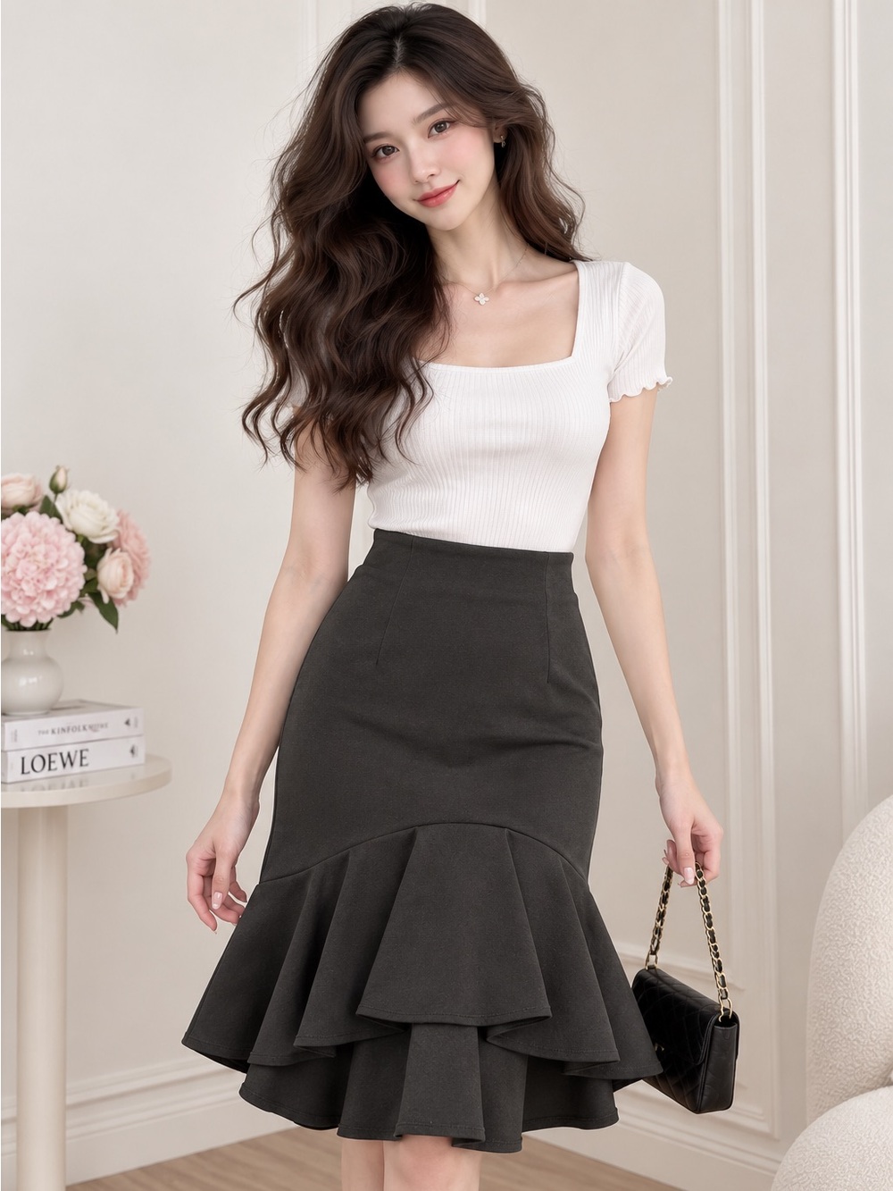 Black Mermaid Midi Skirt • Ruffle Flounce Hem • High Waist • NWT